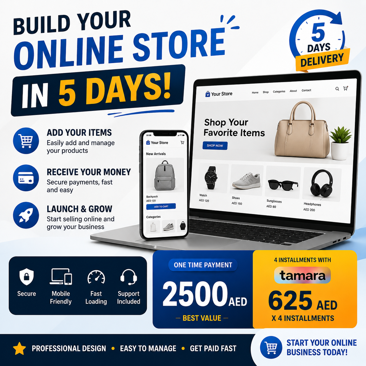 Build Your Online Store in 5 Days — 2500 AED or 625 AED × 4 installments with Tamara
